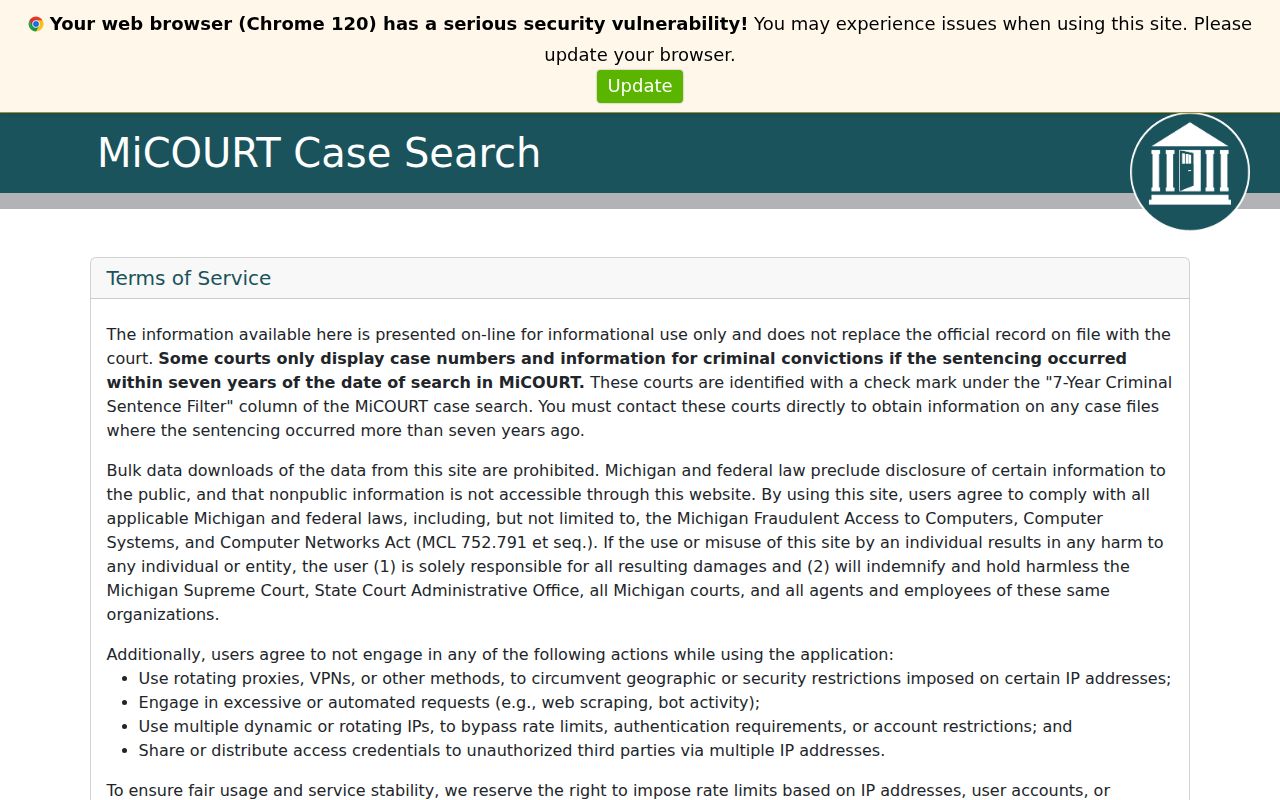 MiCOURT search interface for Gladwin County criminal case records