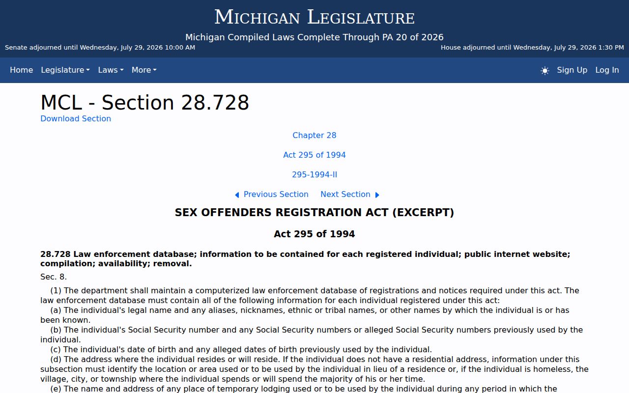 Gladwin County sex offender public registry provisions in Michigan law