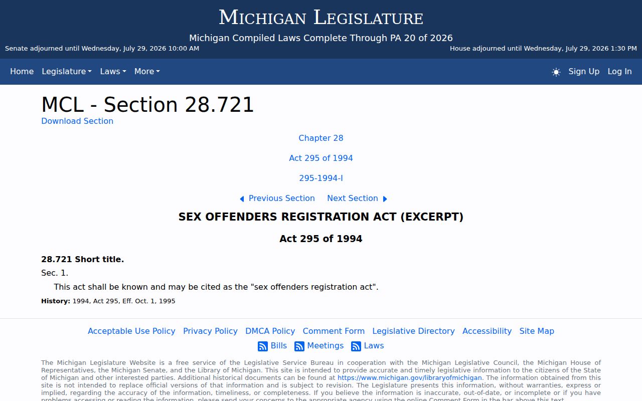 Gladwin County sex offender registry law under Michigan Sex Offenders Registration Act